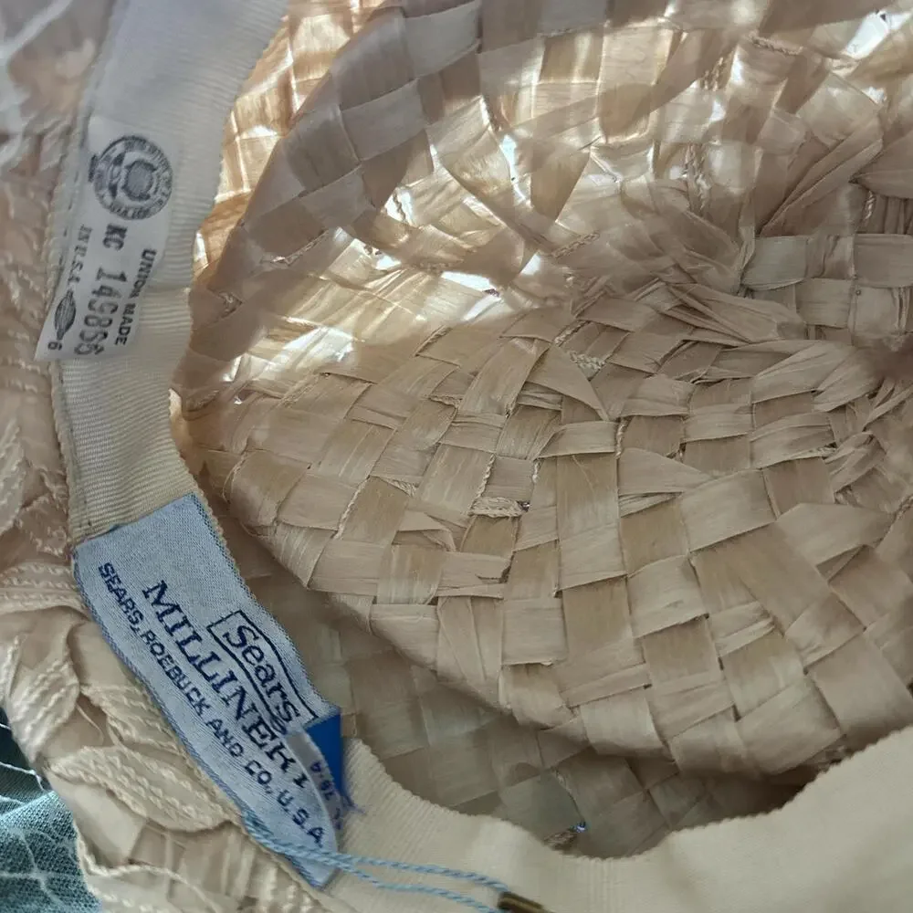 Sears Millinery Vintage 1950s Ivory Pillbox Hat with Net Veil Bow Detail